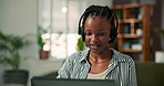 Laptop, call center agent and black woman with remote work, technical support or help desk. Freelancer, headset and consultant talk with computer for IT assistance, customer service and bokeh in home