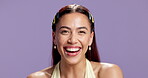 Fashion, face and woman in studio with laugh, bold and creative in personal style. Beauty, smile and female person on purple background with accessories, gen z and unique in retro aesthetic.