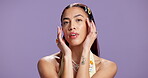 Face, woman and proud for skincare in studio background with beauty, health skin and natural shine. Portrait, female person or cosmetics for wellness, facial hydration and smooth results of treatment