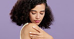 Shoulder, skincare and woman in studio for body care, glow or dermatology on purple background space. Beauty, cosmetics and model with aesthetic, natural cosmetology and touch skin for wellness