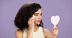 Makeup, blender or woman in studio with mirror, coverage and sponge in self care. Beauty, gen z and female person on purple background with cosmetic tools, natural and flawless application for glow.