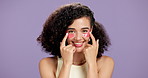Face, eye patch and woman with glow, smile and skin hydration on purple background. Dermatology, collagen and cosmetics portrait of female model for facial shine, wellness or self care in studio