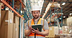 Supervisor, man or walking in warehouse with tech for supply chain, inspection or quality control. Journey, employee or person with tablet in wholesale center for shipping, distribution or logistics.