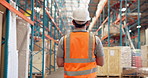 Shipping, walking and back of man in warehouse for quality assurance, supply chain and delivery. Factory, distribution center and person with inspection for logistics, stock management and inventory