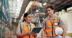 People, logistics team and tablet for inspection in warehouse, inventory management and supervisor. Industrial engineer, manager and man with tech for distribution list, quality assurance and talking