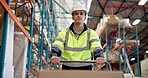 Logistics, man or walking with cart in warehouse to transport boxes, backlog control or delivery. Below, shipping picker or trolley in factory for inventory export, storage management or supply chain