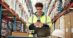 Manufacturing, smile and man with phone, warehouse or connection for schedule review. Supply chain, technology and employee in factory with smartphone, digital app or email for export or social media