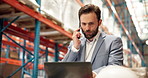 Phone call, shipping and man in warehouse with laptop, talking or supply chain update. Technology, logistics and engineer in conversation for distribution, feedback and report for cargo storage