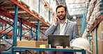 Phone call, logistics and happy man in warehouse, talk or supply chain update with laptop. Technology, shipping and engineer in conversation for distribution, feedback and box for cargo storage