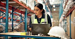 Laptop, logistics and reading with woman in warehouse for delivery information, logistics and cargo. Supply chain industry, digital inventory and ecommerce inspection with person for storage