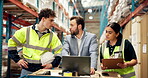 Planning, laptop and shipping with people in warehouse for inventory manager, support or logistics. Delivery schedule, teamwork and supply chain with employees in factory for online confirmation