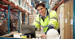 Manufacturing, face and man with laptop, warehouse or connection for schedule review. Supply chain, technology and employee in factory with portrait, feedback or email for export or social media