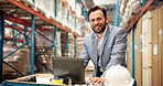 Face, laptop and shipping with man in warehouse for inventory manager, inspection or logistics. Delivery schedule, cargo industry and supply chain with employee in factory for online confirmation