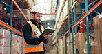 Tablet, man and logistics worker in warehouse with research for online order, inventory or stock. Digital technology, cardboard boxes and male supply chain manager with information for distribution.