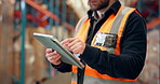 Tablet, shipping and hands of person in warehouse for inventory manager, logistics or export report. Digital checklist, supply chain storage and cargo inspection with employee in factory for delivery