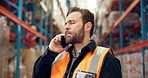 Supply chain, phone call and man in warehouse talking for logistics, shipping orders and delivery. Communication, distribution depot and person on smartphone for discussion, storage and inventory