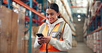 Phone, woman and logistics worker in warehouse with networking, communication or email on mobile app. Technology, online and supply chain employee with contact for order confirmation with cellphone.