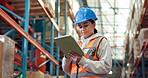 Tablet, shipping and reading with woman in warehouse for inventory manager, logistics or export report. Digital checklist, supply chain and cargo inspection with employee in factory for delivery