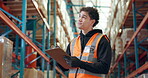 Logistics, man or writing on clipboard in warehouse for stock inspection, order picking or shipping. Supply chain, picker or happy with checklist for inventory management, quality control or delivery