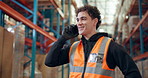 Phone call, man and supply chain worker in warehouse with communication, networking or contact. Cellphone, industry and male logistics manager on mobile discussion for distribution quality assurance.