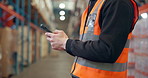 Phone, man and hands of  logistics worker in warehouse with networking, communication or email on app. Technology, online and supply chain employee with contact for order confirmation with cellphone.