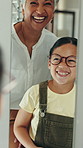 Glasses, optometrist and girl with smile, reflection and wellness with frames, prescription and test. Mirror, optician and happy child with eyewear, clear vision and sight with spectacles and excited
