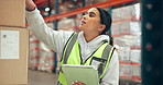 Woman, tablet and search for stock at warehouse with logistics, barcode or label for inventory management. Person, tech and checklist with boxes, application or storage by shelf at distribution plant