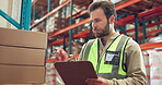 Logistics boxes, man or clipboard in warehouse for inspection, writing product info or shipping. Supply chain, worker or checklist for inventory management, cargo export details or stock distribution