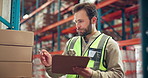 Logistics boxes, worker or clipboard in warehouse for quality control, writing shipping info or inspection. Supply chain, man and notes for counting inventory, package details and stock distribution