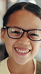Face, girl and child with glasses, smile and clear vision with optometry, prescription and youth. Optometrist, ophthalmologist and clinic for eyes healthcare, kid and fashion lens with frame