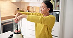 Blender, food and ingredients with woman in kitchen for detox, health or weight loss diet. Fruit, organic and smoothie with person in apartment for drink preparation, green nutrition or wellness