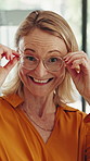 Optometry, happy and face of woman with glasses for frame, prescription lens and sight. Healthcare, smile and portrait of mature person with spectacles for vision improvement, eye care and service