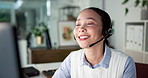 Computer, call center and happy business woman in office for faq, multilingual support and help desk. Smile, contact us and agent consulting for customer service, feedback and language translation