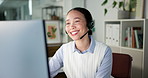 Computer, call center and business woman talk in office for faq, multilingual support and help desk. Smile, contact us and agent consulting for customer service, feedback and language translation