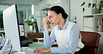 Business, woman and headache in office with computer issue, burnout and overworked in finance company. Exhausted, tired and female person in workplace with tech glitch, crisis and pressure for audit.