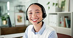 Happy, face and woman with headset, call center and telemarketing with smile for sales and confident. Business, telemarketer or person with tech for customer service, lead generation and consultation