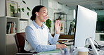 Computer, woman or wave in office with laptop, virtual meeting or online communication for hiring. Recruitment, hello or friendly employee with tech for digital interview, video call and introduction