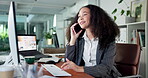 Creative, woman and computer with phone call in office for discussion, story ideas and contact source. Person, talking and mobile for editor feedback, schedule update and information for publication