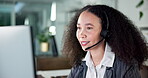 Call center, tech support and woman with computer, discussion and help with troubleshooting at night. Agent, working late and advice for internet connection, problem solving and person with headset
