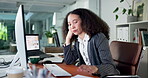Documents, bored and computer with business woman in office for research, fatigue and project burnout. Proposal mistake, exhausted and online glitch with person in agency for tired and brain fog