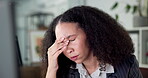 Stress, eye strain or woman in office with migraine, overworked or burnout in task management. Frustrated, headache or entrepreneur in workspace with laptop, anxiety or fatigue for project deadline.