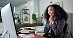Business woman, excited winner and computer with good news for promotion, achievement or prize in office. Happy, female person and fist pump with smile for bonus, celebration or deal at workplace