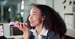 Happy woman, phone and office with speaker for audio message, communication or conversation. Female person, employee or talking on mobile smartphone or loudspeaker for voice note or chat in workplace
