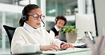 Child, discussion and headset in call center, computer and communication for lead generation or talk. Telemarketing, consultant and girl with technology for consultation, chat and sales on website