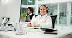 Face, call center and girl with smile, business and computer with help desk, crm and about us. Childhood, customer service and employee in office, pc and company website with advice and connection