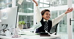 Happy boy, child and money rain with celebration in office for winning or financial freedom. Excited kid, business and prize with smile, dollar bills or lottery for junior promotion or career day