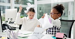Child, tear documents and mess in office with chaos, laugh and pretend project with charts for review. Girl, team and throw paperwork with kids, administration and play games at financial agency
