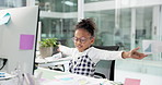 Child, tear documents and frustrated in office with chaos, relief and complete project with charts for review. Girl, employee and computer with paperwork, admin or smile with mess at financial agency