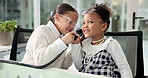 Girl children, phone call and pretend in office for laugh, joke or funny gossip with team at company. Kids, happy and contact with telephone, chat and comic story with conversation at creative agency
