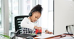 Business girl, paperwork and stamp with headset for documents, company report or advice. Child, agent and computer with helpdesk, mic and virtual assistance or receptionist feedback in office